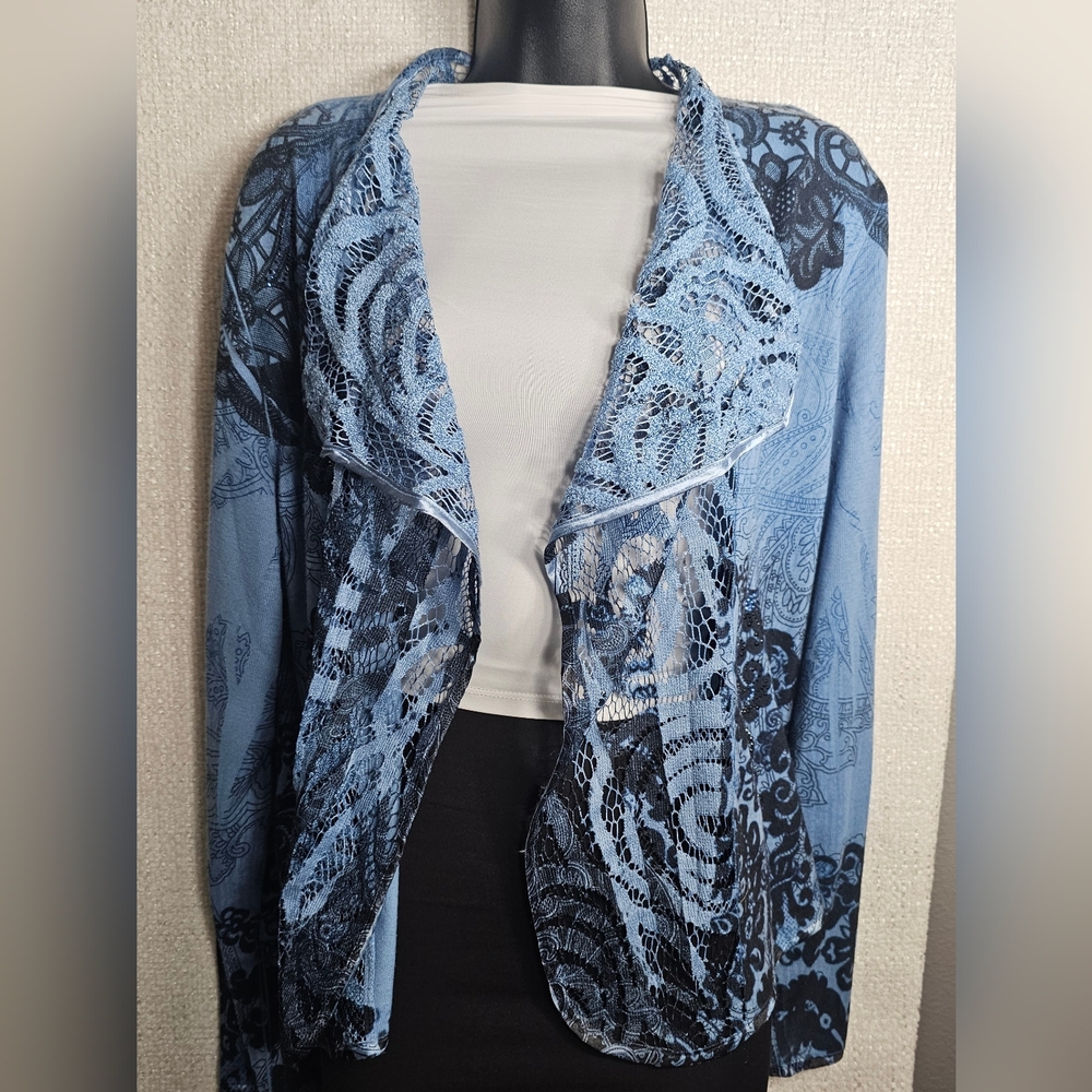 B.L.E.U. Blue Black Lace Waterfall Cardigan Boho Lightweight Drape XL